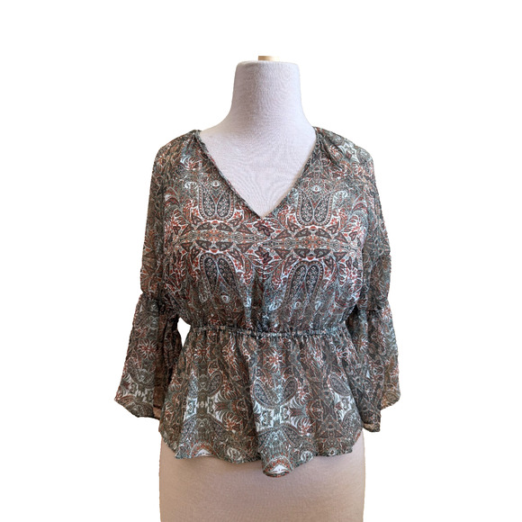 Velvet Heart Tops - Velvet Heart Boho Paisley Peplum Blouse Long Sleeve V-Neck Top – Size XS – NWT